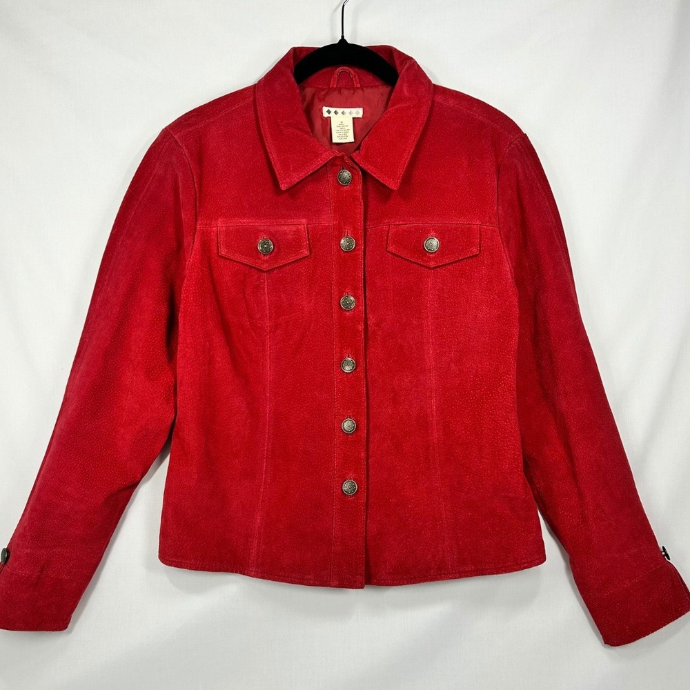 Vintage Red Genuine Suede Leather Jacket – Button Front Western Trucker Coat (M)